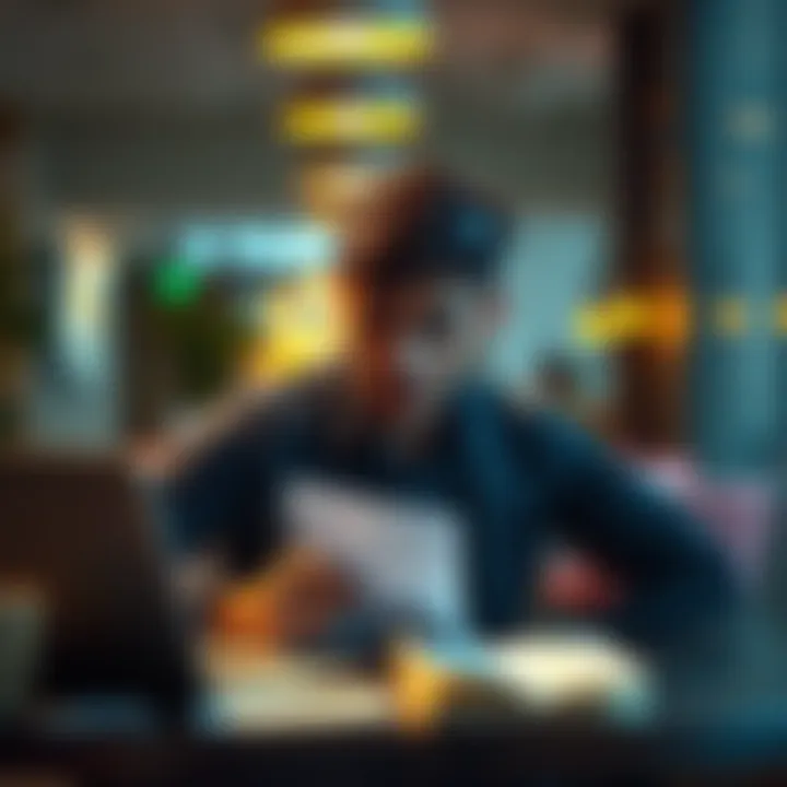 A worried young man looking at financial papers and a laptop, reflecting on losing money in crypto investments, with a notepad for planning repayment options.