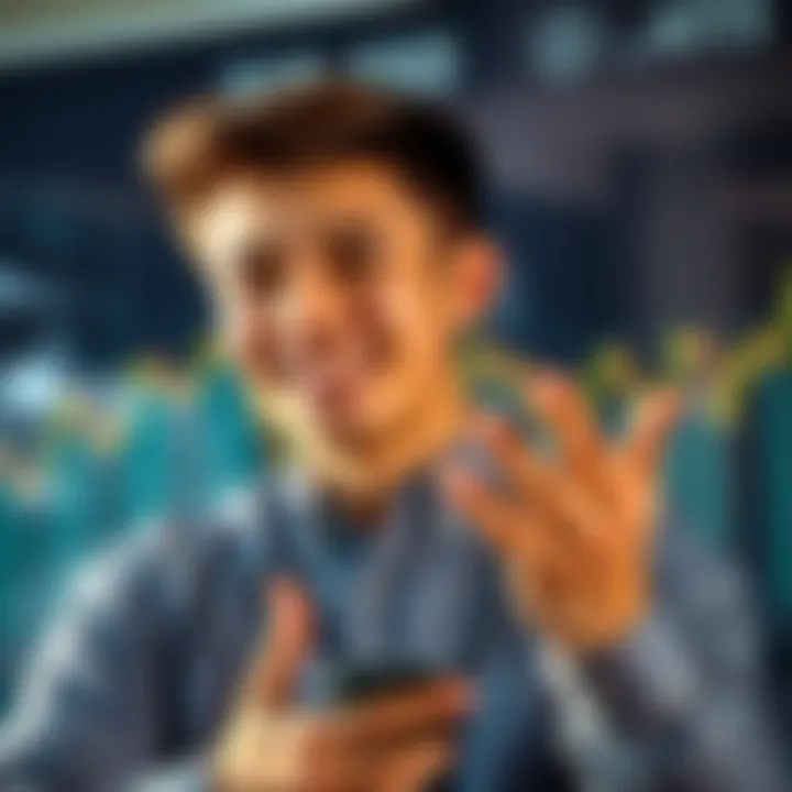 A 23-year-old man discussing his investment journey and sharing tips for building wealth, with a confident smile and financial graphs in the background.