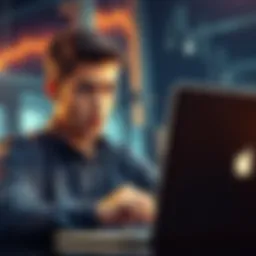 A young man looking surprised and worried while checking his crypto wallet on a laptop, representing a trading bot scam.