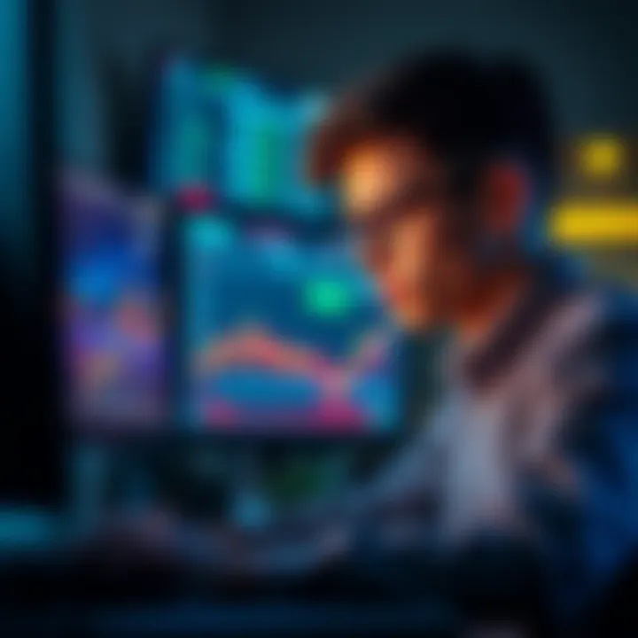 Young investor trading Ethereum A young investor focused on trading Ethereum in front of a computer with charts and cryptocurrency data on the screen.