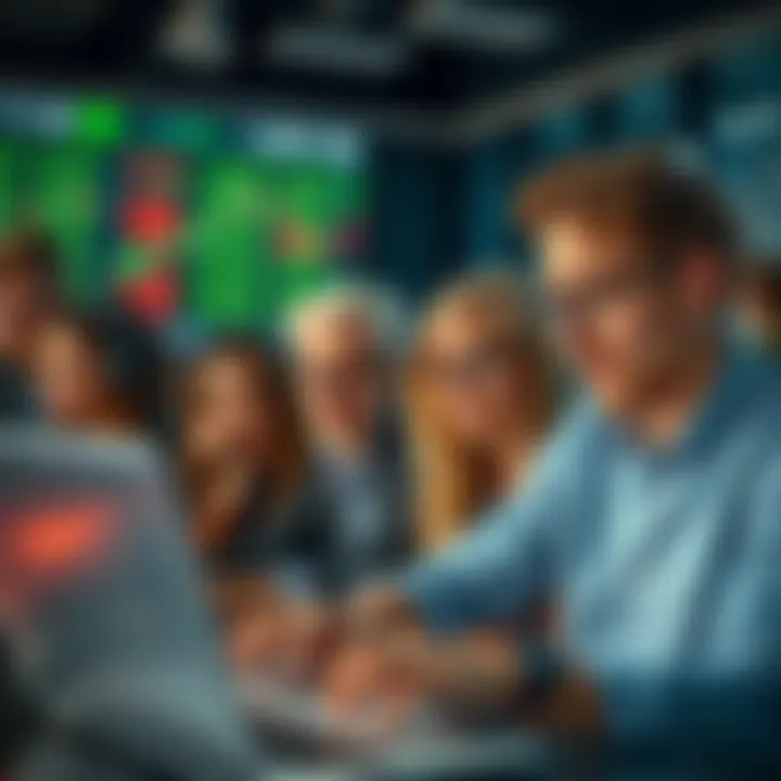 A group of Millennials and Gen Z members analyzing market trends on laptops, while a concerned Baby Boomer looks on from the background.