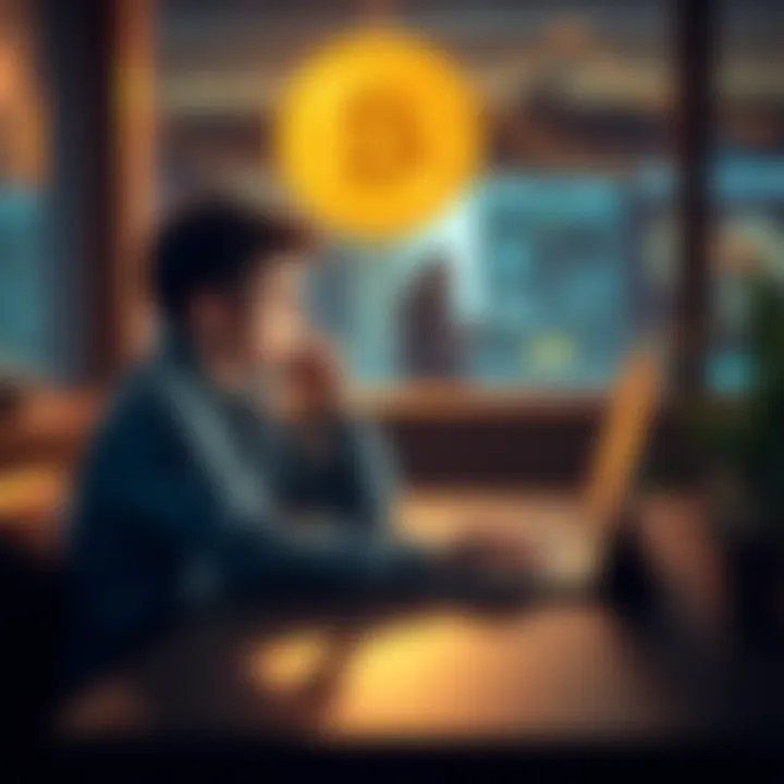 Young man contemplating Bitcoin inheritance A young man sitting at a table looking at a laptop with Bitcoin graphics, deep in thought about his inherited fortune.