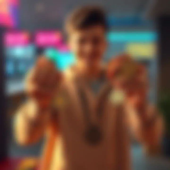 A young individual proudly displays various meme coins, showcasing their wealth in a vibrant setting.
