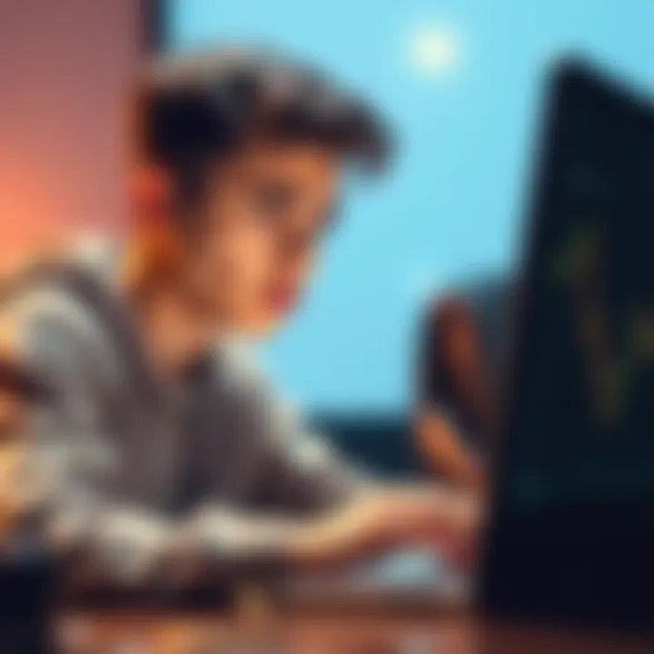 A young person looking at cryptocurrency charts on a laptop with a concerned expression, symbolizing financial struggles and investment choices.