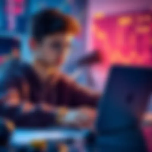 A 19-year-old looking at a laptop with cryptocurrency charts and notes around them, focused on learning trading