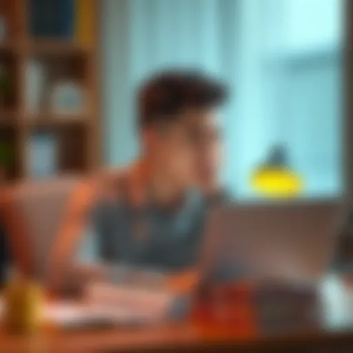 A young professional sits at a desk with bills and a laptop, looking worried about money management