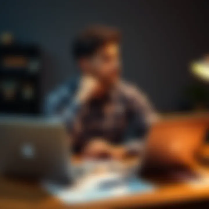 A 23-year-old man sitting at a desk, looking thoughtful with a laptop and financial documents in front of him, reflecting on his savings and life choices.