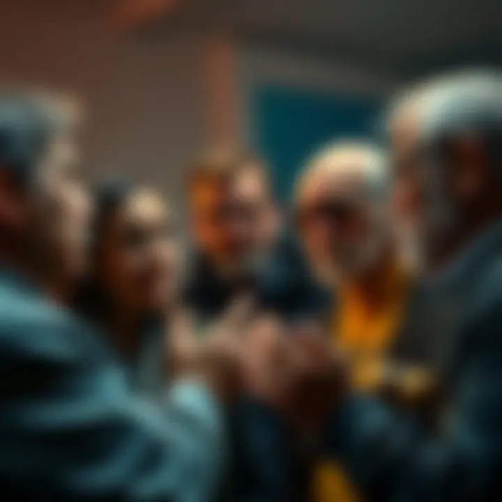 A group of young individuals debating cryptocurrency while an older person listens, showing differing opinions.