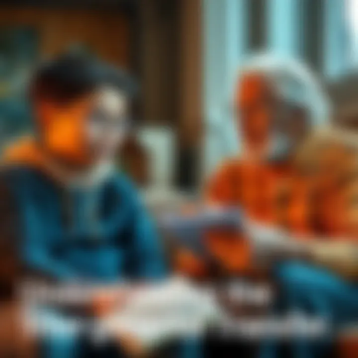 A young person sitting with an older adult, listening and taking notes while sharing knowledge and experiences
