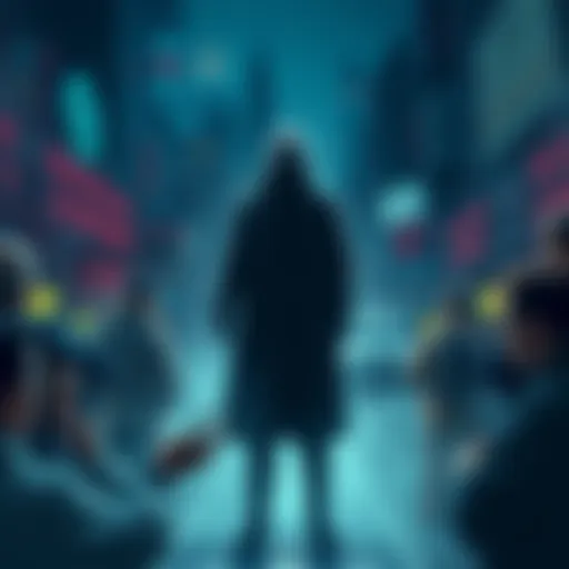 A graphic depicting tension in the crypto community with a shadowy figure representing ZachXBT leading an investigation, while projects and founders appear anxious and distant.
