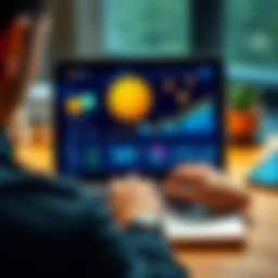 A person using a laptop to access a zero-interest credit platform, showing cryptocurrency icons and positive financial charts on the screen.