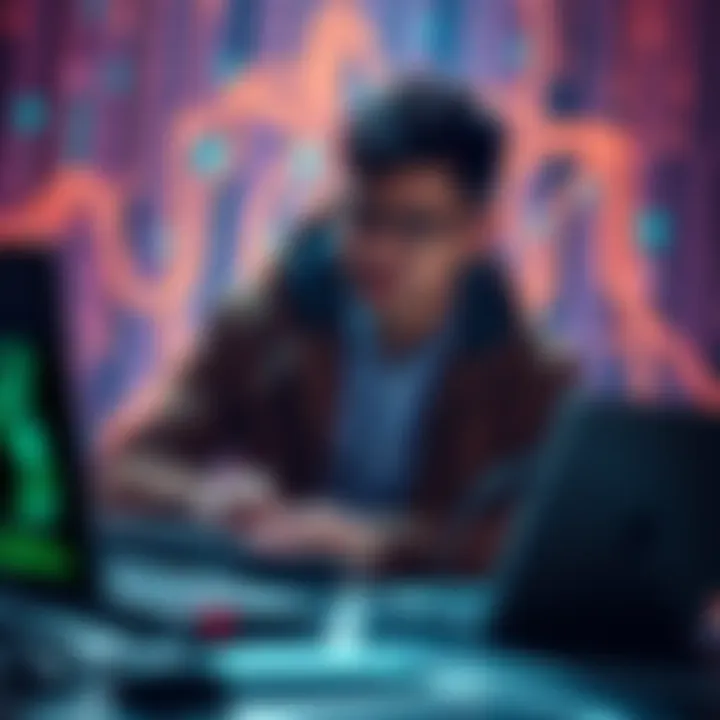 Zy0n focused on coding with blockchain elements in the background, symbolizing privacy and innovation
